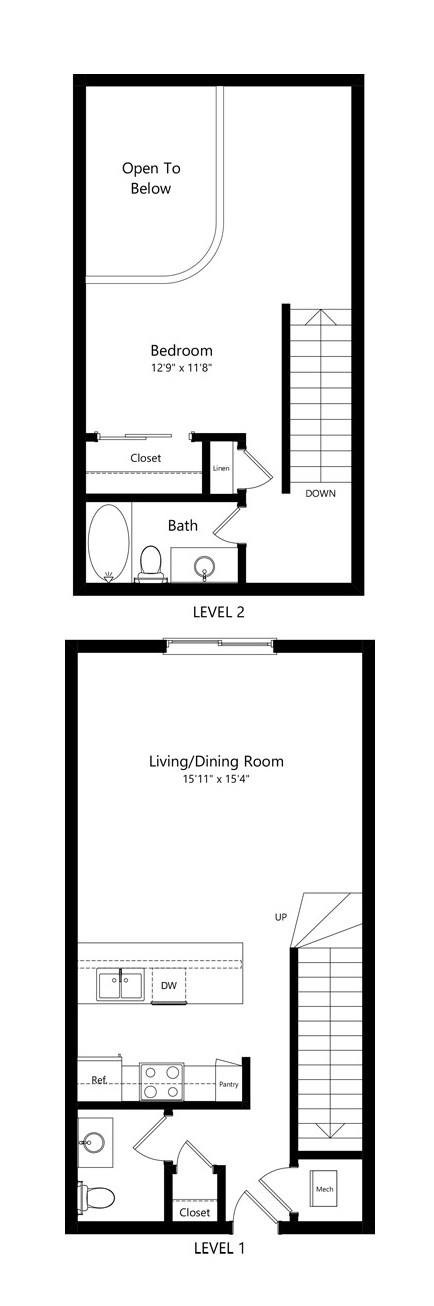 Floor plan for 1 bed, 1 bath, 879 sqft
